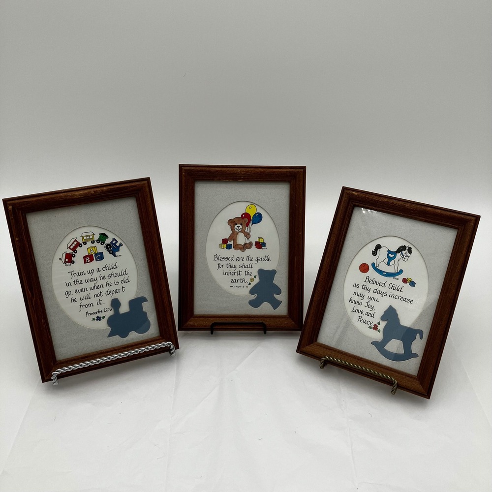 Framed Wall Art Nursery Scripture Set of 3 6x8 Brown Religious Decor